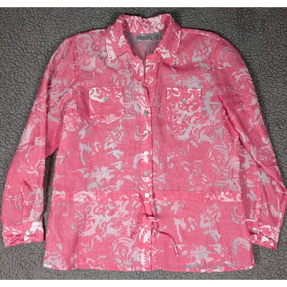 Chicos Top Pink Floral Button Drawstring Collared Long Sleeve Linen Blend Sz 2 L